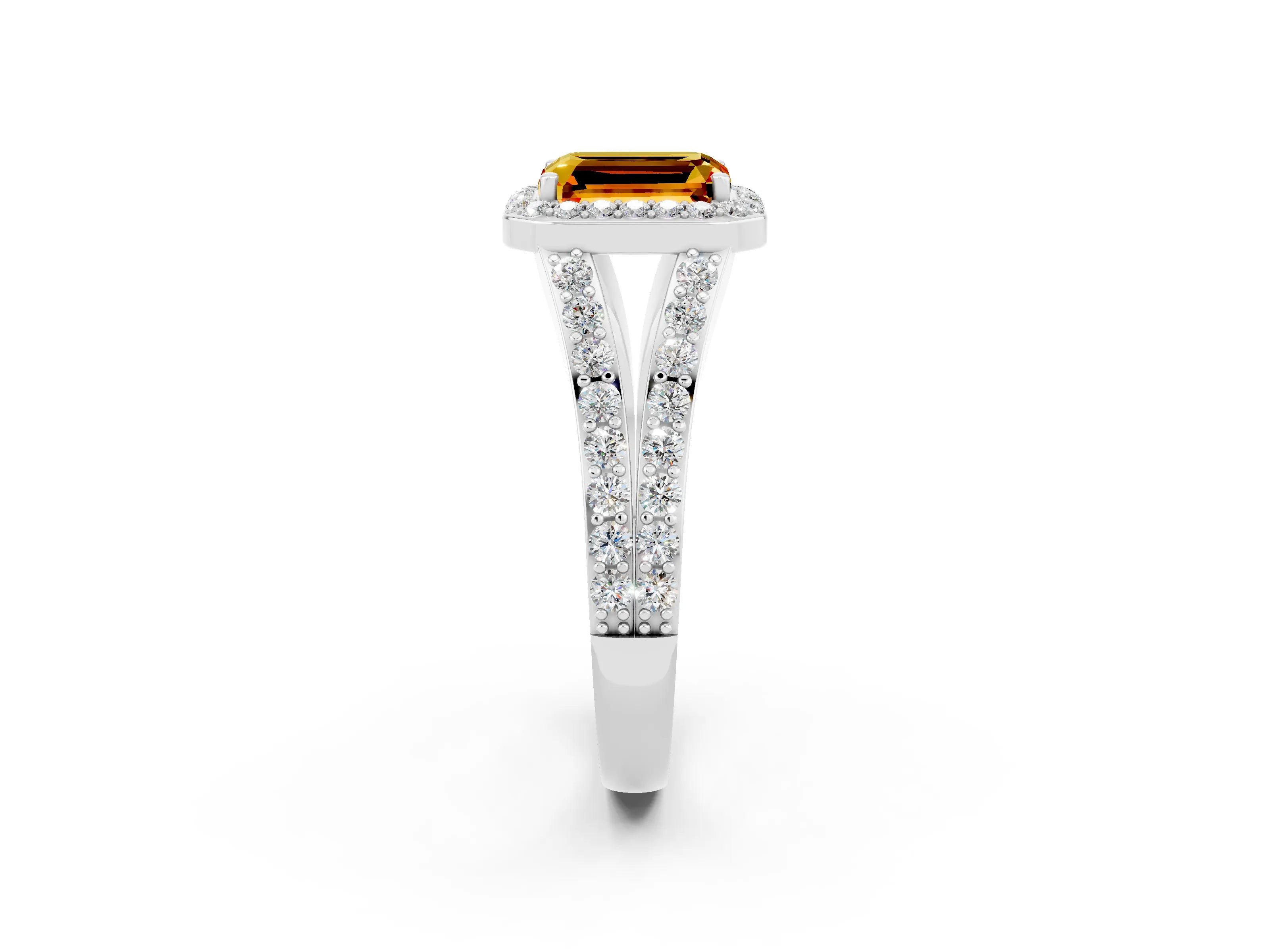 White gold Emerald Cut Citrine Split Shank Halo Ring with Four-Prong Setting_14