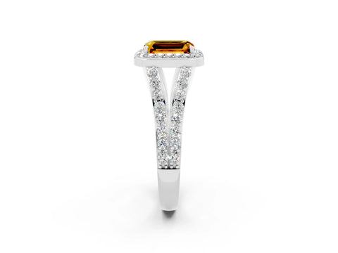 White gold Emerald Cut Citrine Split Shank Halo Ring with Four-Prong Setting_14