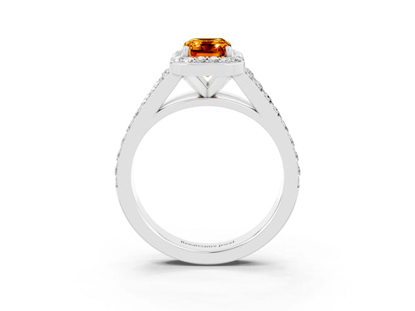 Silver Emerald Cut Citrine Split Shank Halo Ring with Four-Prong Setting
