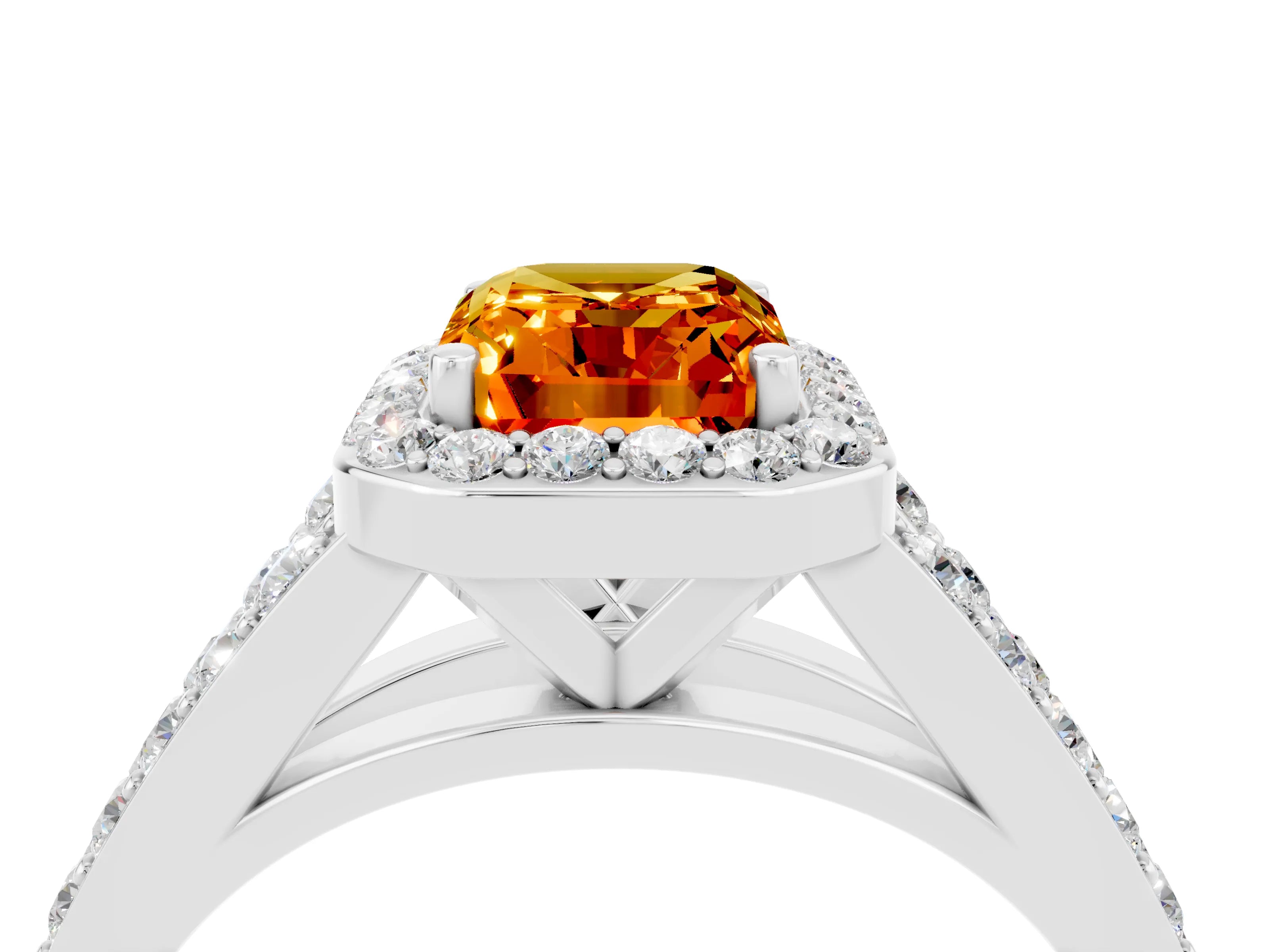 White gold Emerald Cut Citrine Split Shank Halo Ring with Four-Prong Setting_16