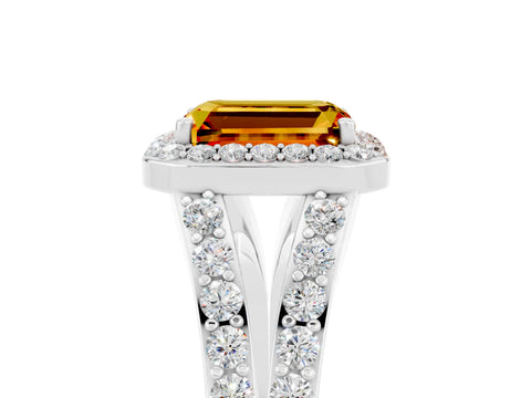 White gold Emerald Cut Citrine Split Shank Halo Ring with Four-Prong Setting_17