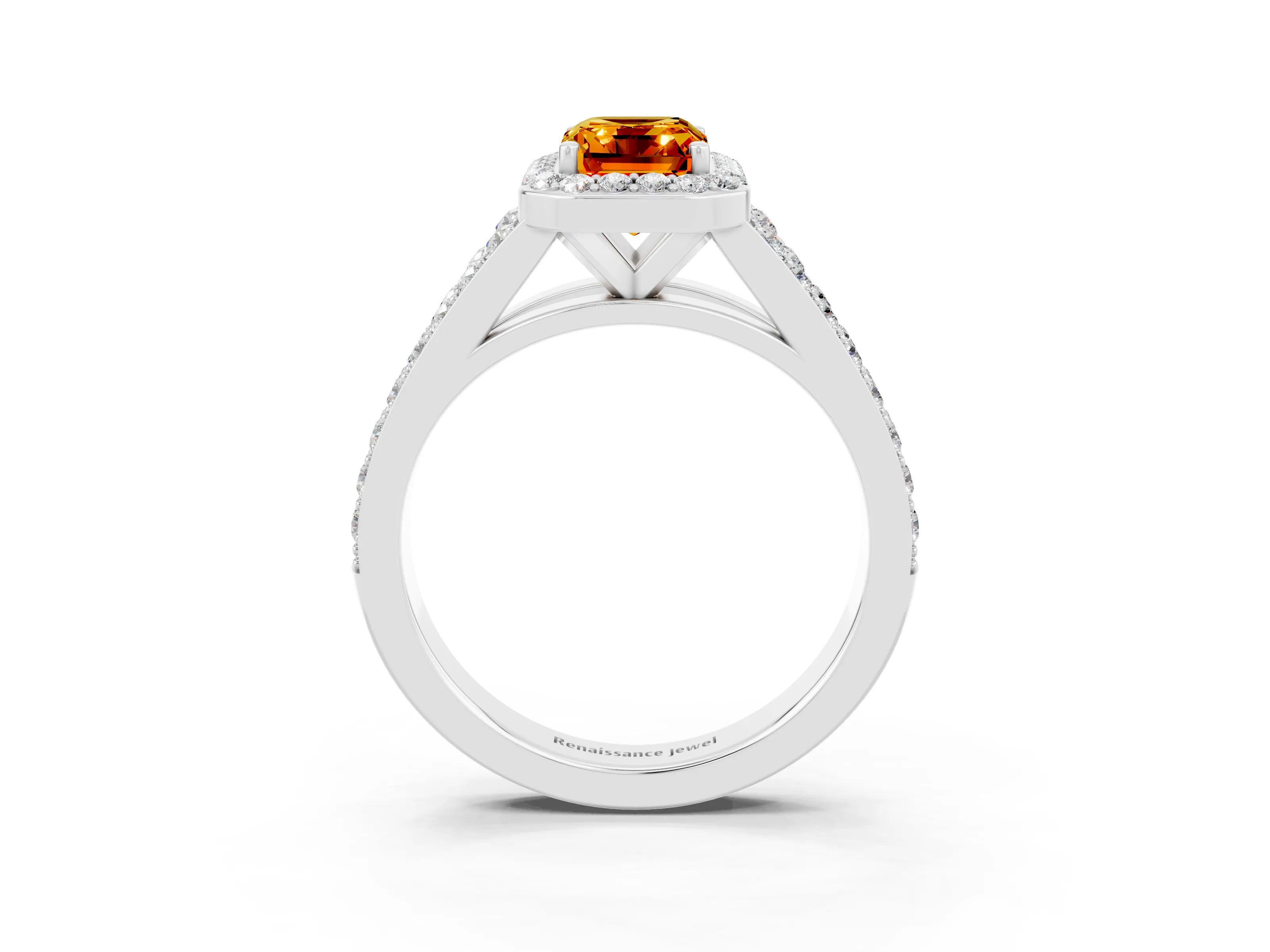 White gold Emerald Cut Citrine Split Shank Halo Ring with Four-Prong Setting_27