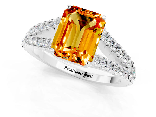 Silver Emerald Cut Citrine Split Shank Pavé Engagement Ring with Four-Prong Setting