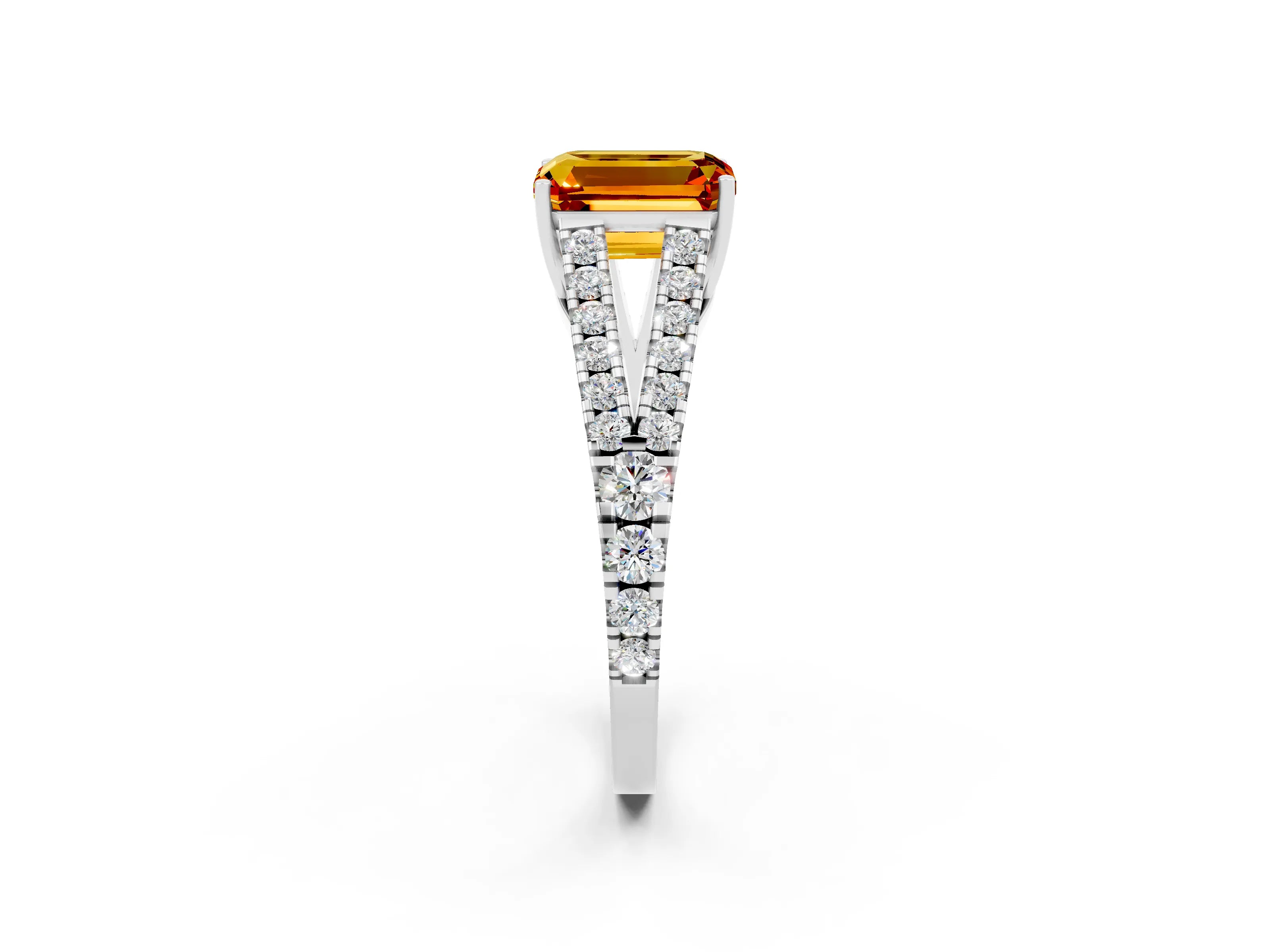 White gold Emerald Cut Citrine Split Shank Pavé Engagement Ring with Four-Prong Setting_32