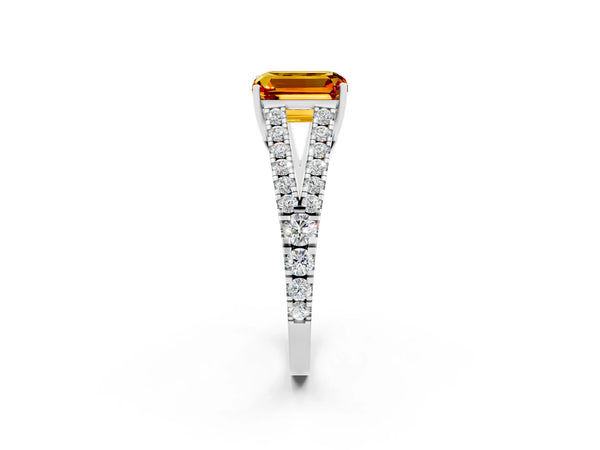 White gold Emerald Cut Citrine Split Shank Pavé Engagement Ring with Four-Prong Setting