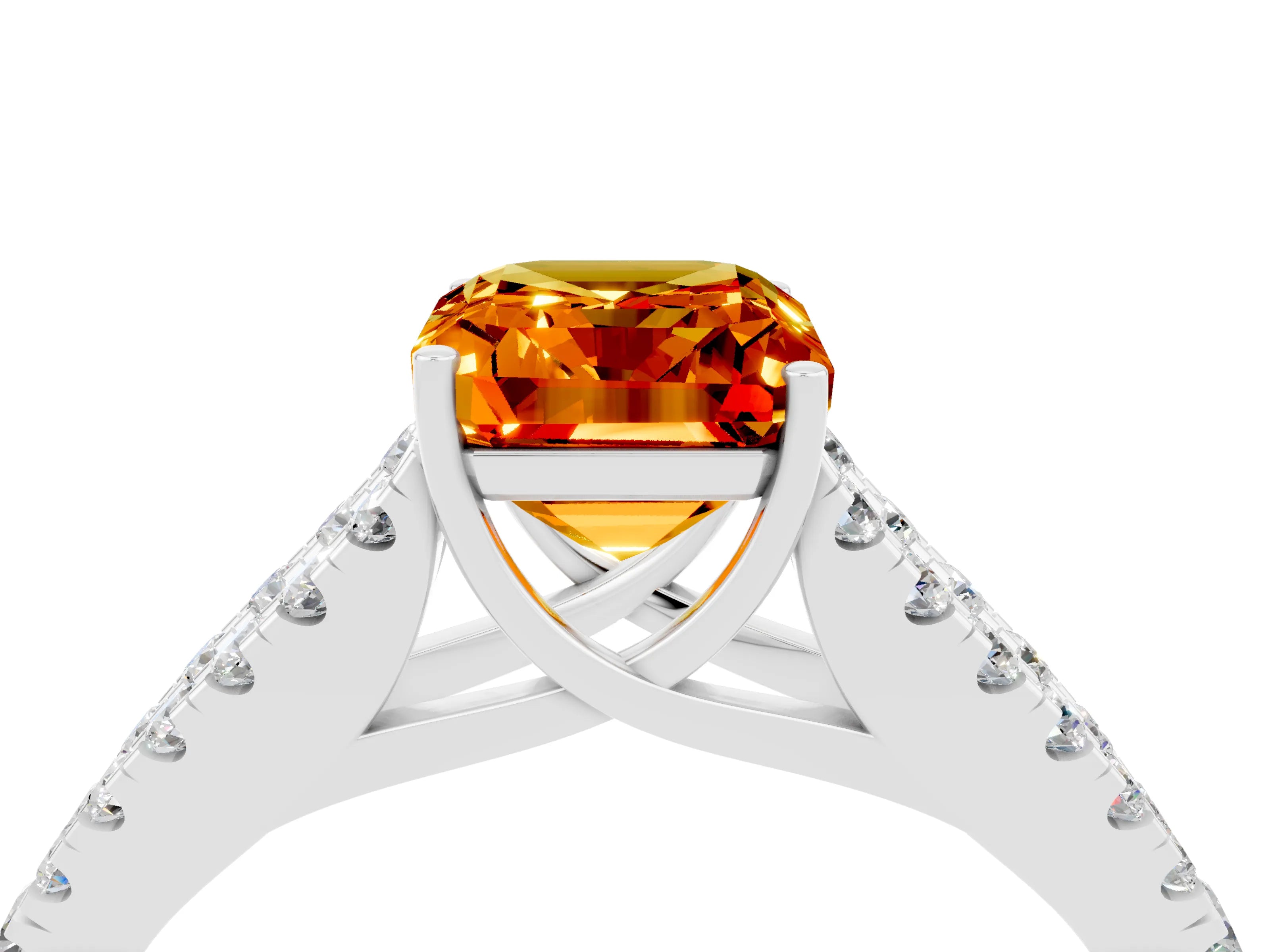 White gold Emerald Cut Citrine Split Shank Pavé Engagement Ring with Four-Prong Setting_34
