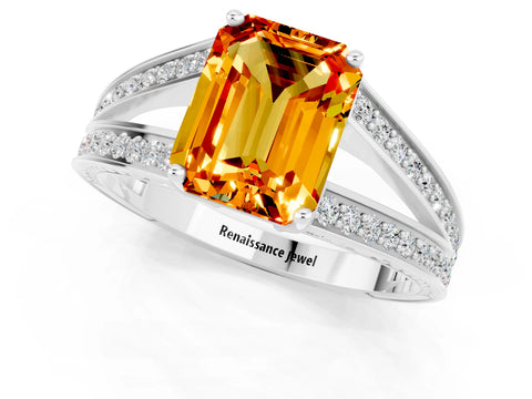 White gold Emerald Cut Citrine Split Shank Ring with Pavé Band and Four-Prong Setting_1
