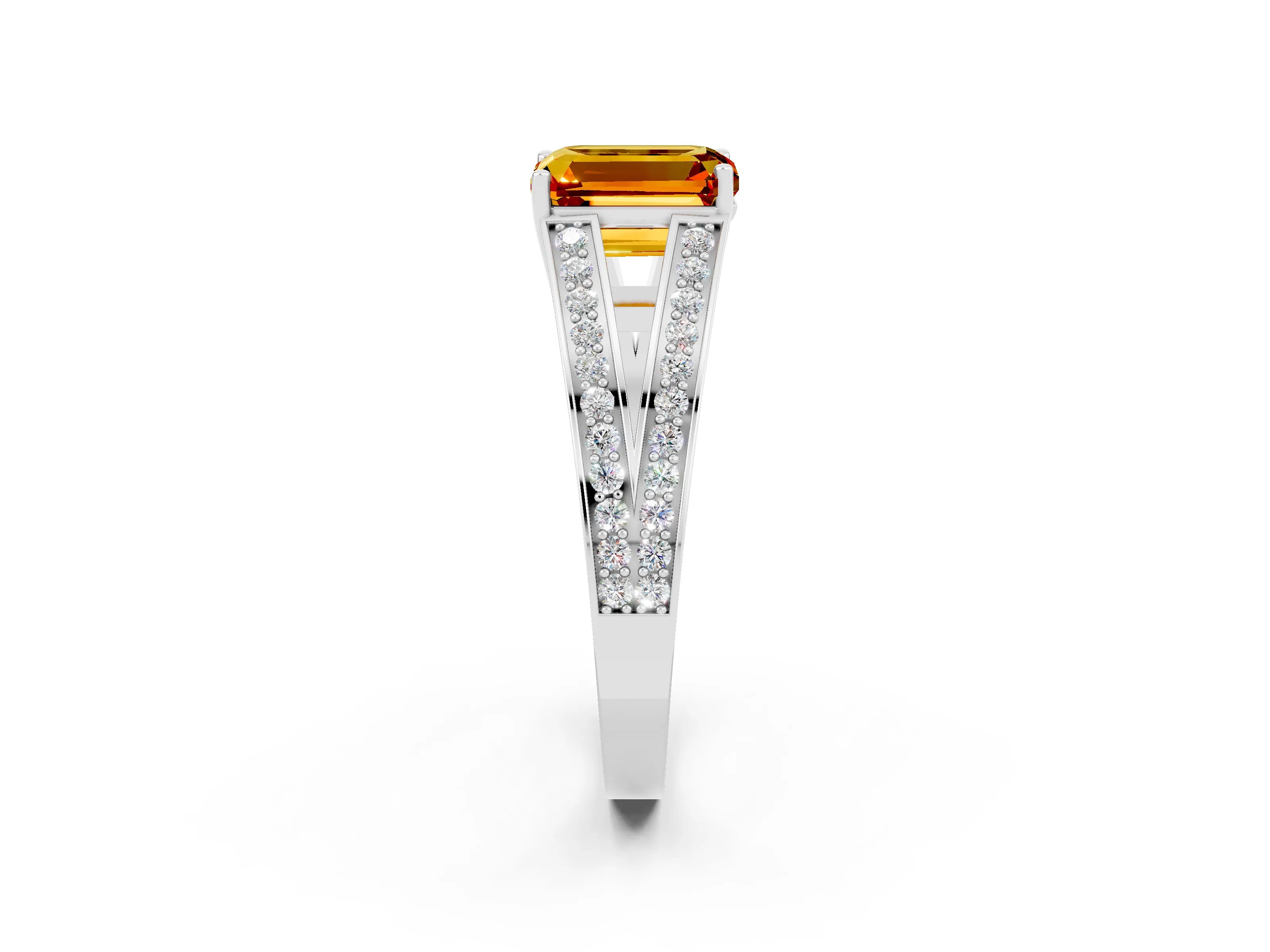 White gold Emerald Cut Citrine Split Shank Ring with Pavé Band and Four-Prong Setting_2