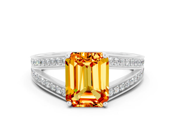 White gold Emerald Cut Citrine Split Shank Ring with Pavé Band and Four-Prong Setting
