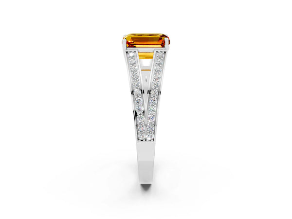 Silver Emerald Cut Citrine Split Shank Ring with Pavé Band and Four-Prong Setting