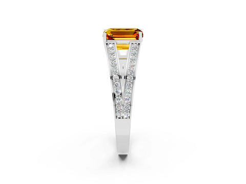 White gold Emerald Cut Citrine Split Shank Ring with Pavé Band and Four-Prong Setting_2