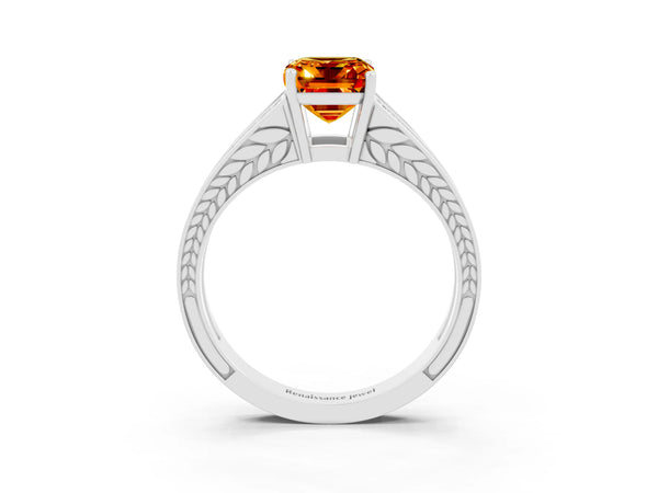 Platinum Emerald Cut Citrine Split Shank Ring with Pavé Band and Four-Prong Setting