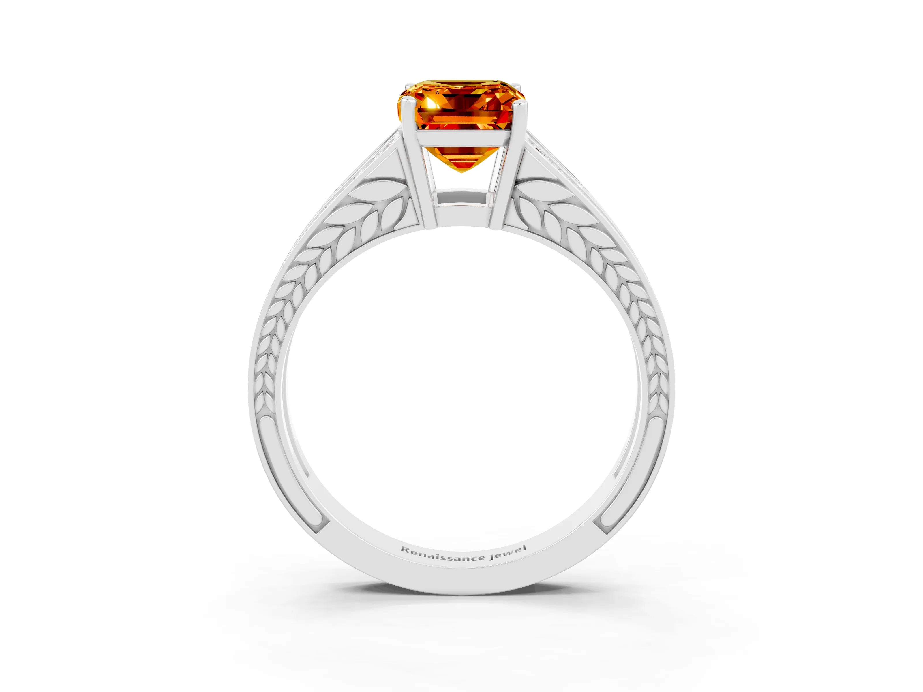 White gold Emerald Cut Citrine Split Shank Ring with Pavé Band and Four-Prong Setting_3