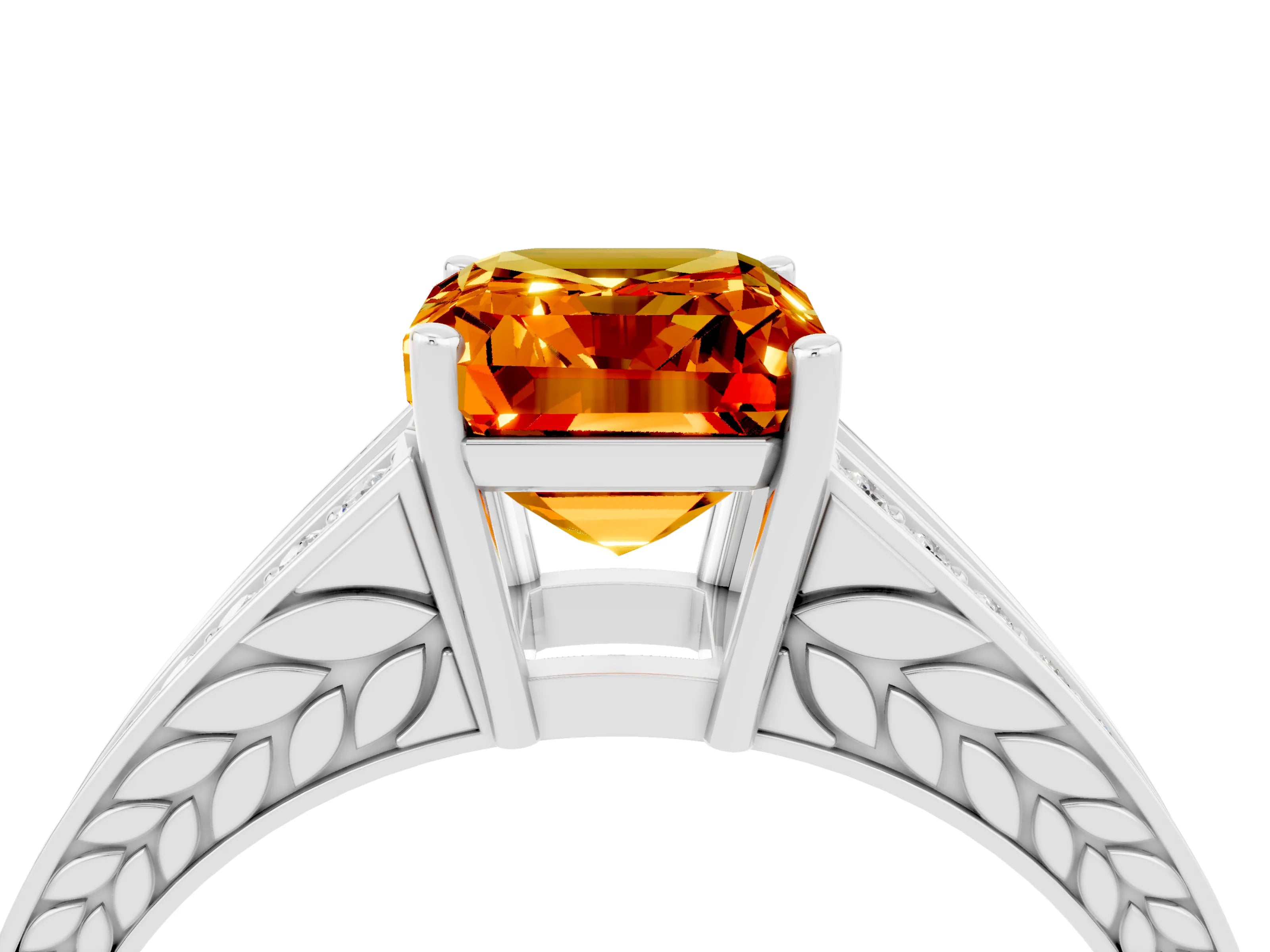 White gold Emerald Cut Citrine Split Shank Ring with Pavé Band and Four-Prong Setting_4