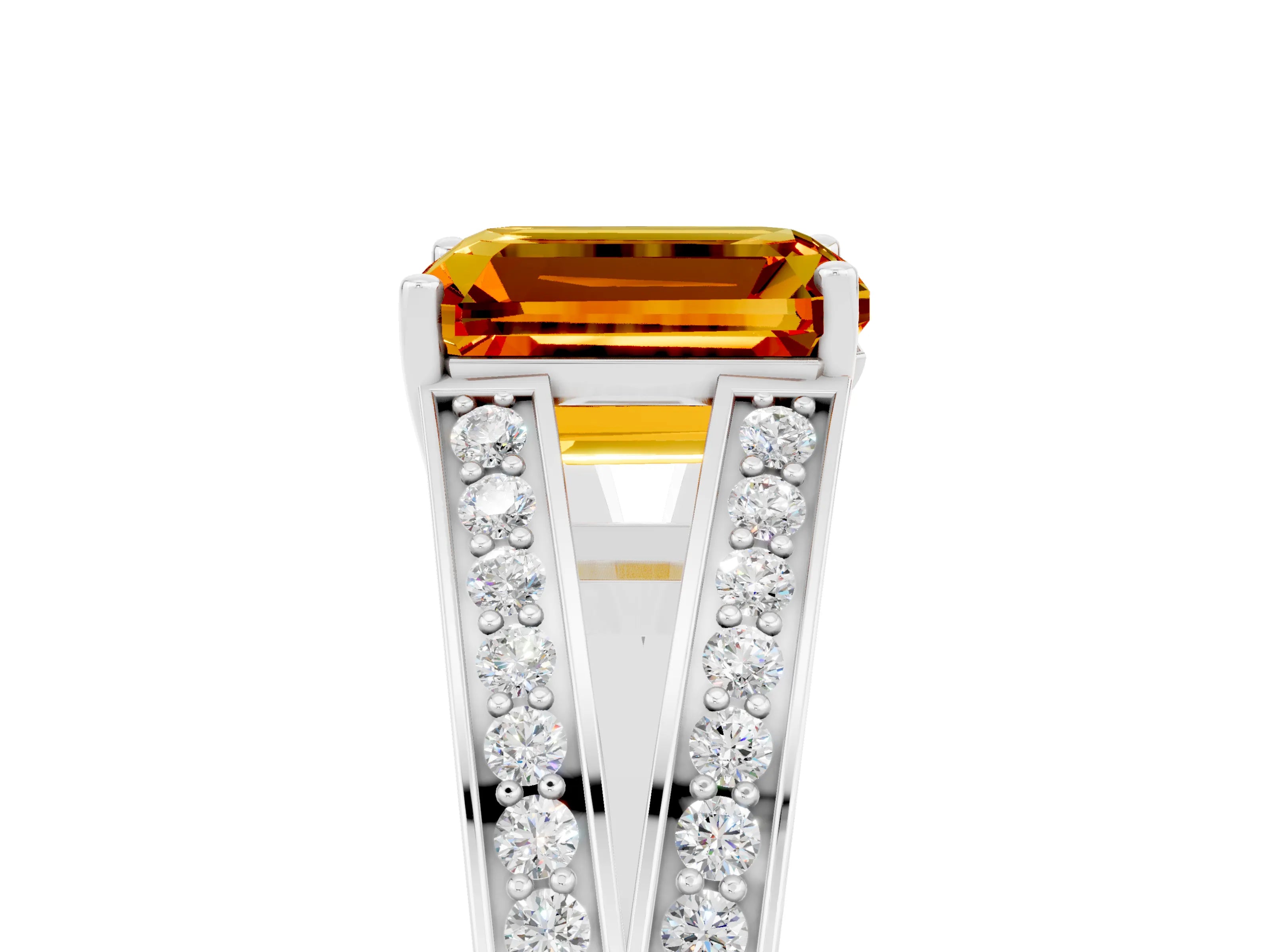 White gold Emerald Cut Citrine Split Shank Ring with Pavé Band and Four-Prong Setting_5