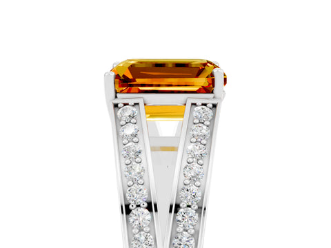 White gold Emerald Cut Citrine Split Shank Ring with Pavé Band and Four-Prong Setting_5
