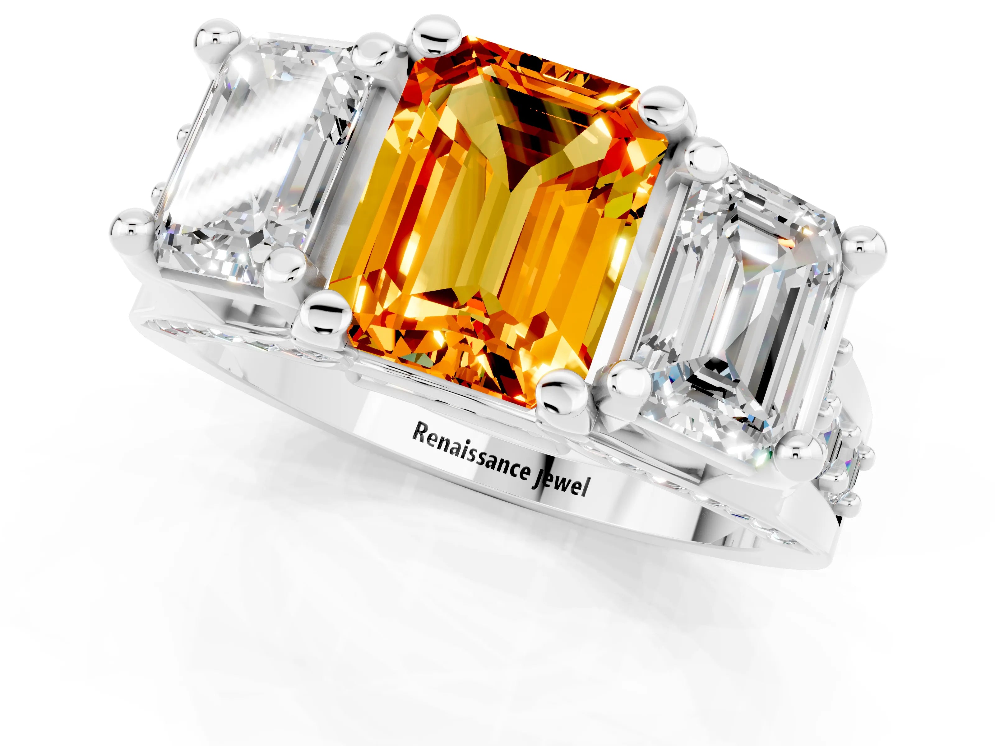 White gold Emerald Cut Citrine Three-Stone Ring with Channel Set Band and Four-Prong Setting_1