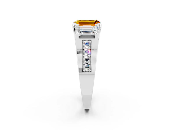 Platinum Emerald Cut Citrine Three-Stone Ring with Channel Set Band and Four-Prong Setting