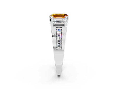 White gold Emerald Cut Citrine Three-Stone Ring with Channel Set Band and Four-Prong Setting_2