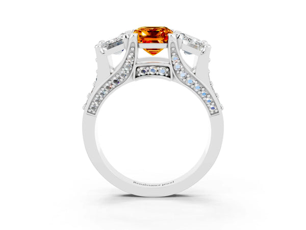 White gold Emerald Cut Citrine Three-Stone Ring with Channel Set Band and Four-Prong Setting