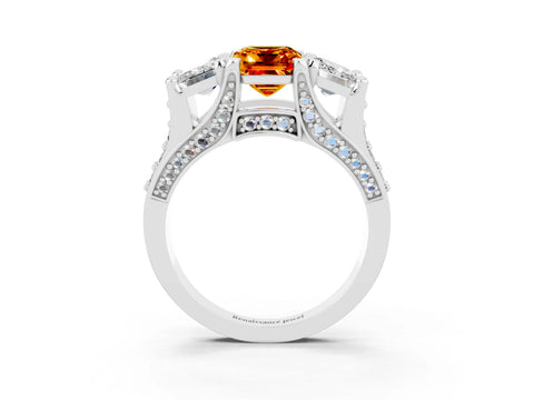 White gold Emerald Cut Citrine Three-Stone Ring with Channel Set Band and Four-Prong Setting_3