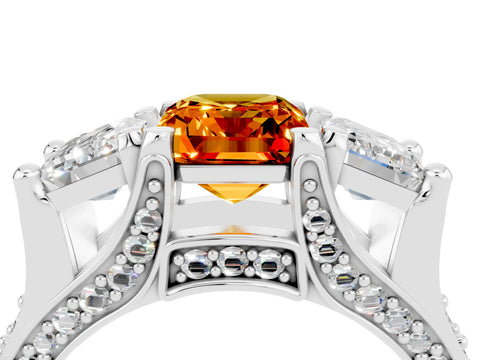 White gold Emerald Cut Citrine Three-Stone Ring with Channel Set Band and Four-Prong Setting_4