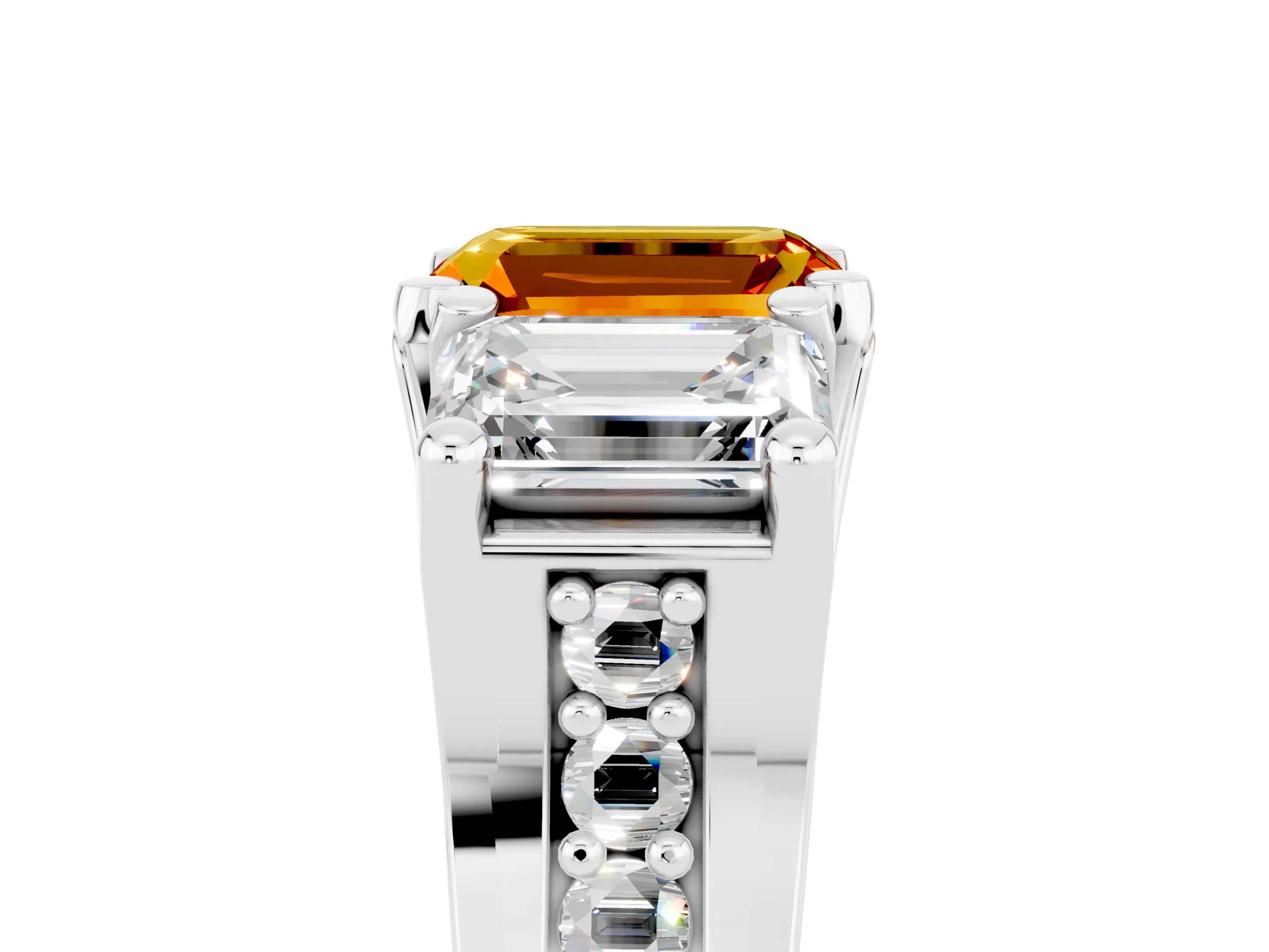 White gold Emerald Cut Citrine Three-Stone Ring with Channel Set Band and Four-Prong Setting_5