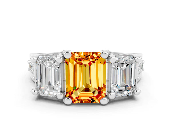 Silver Emerald Cut Citrine Three-Stone Ring with Channel Set Band and Four-Prong Setting
