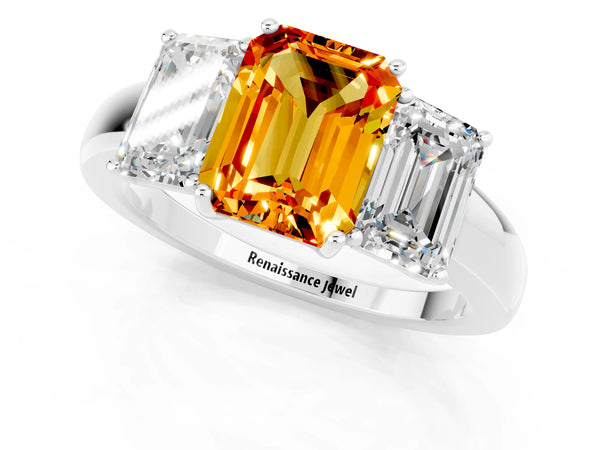 Platinum Emerald Cut Citrine Three-Stone Ring with Four-Prong Setting and Classic Band