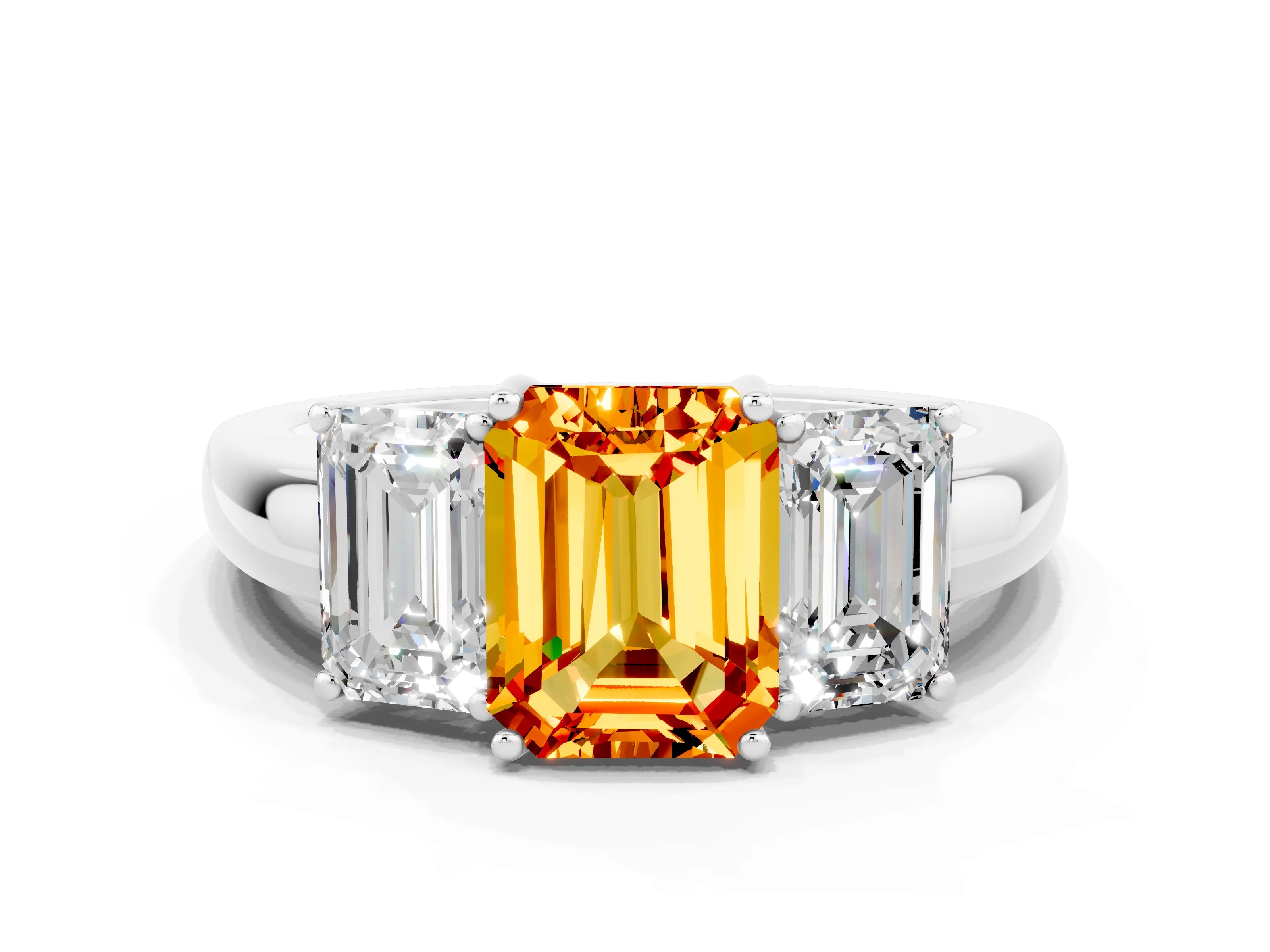 White gold Emerald Cut Citrine Three-Stone Ring with Four-Prong Setting and Classic Band