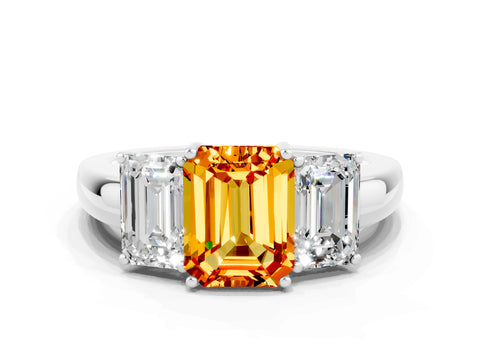 White gold Emerald Cut Citrine Three-Stone Ring with Four-Prong Setting and Classic Band