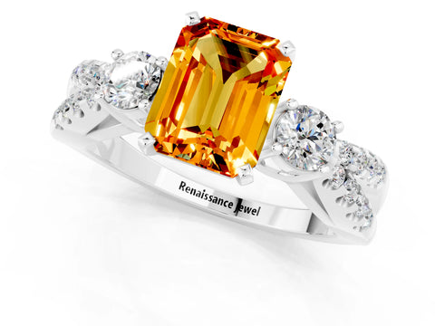 White gold Emerald Cut Citrine Three-Stone Ring with Pavé Split Shank and Four-Prong Setting_1