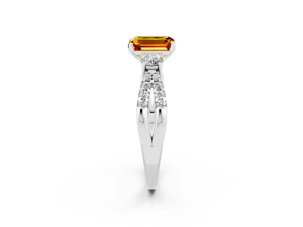 Silver Emerald Cut Citrine Three-Stone Ring with Pavé Split Shank and Four-Prong Setting