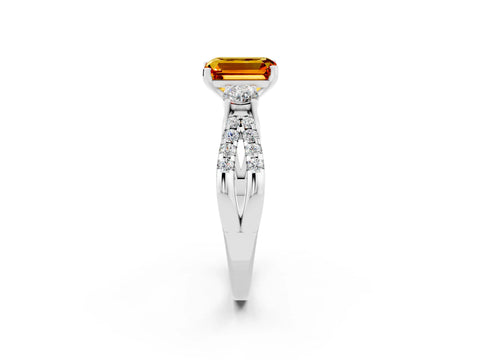 White gold Emerald Cut Citrine Three-Stone Ring with Pavé Split Shank and Four-Prong Setting_2