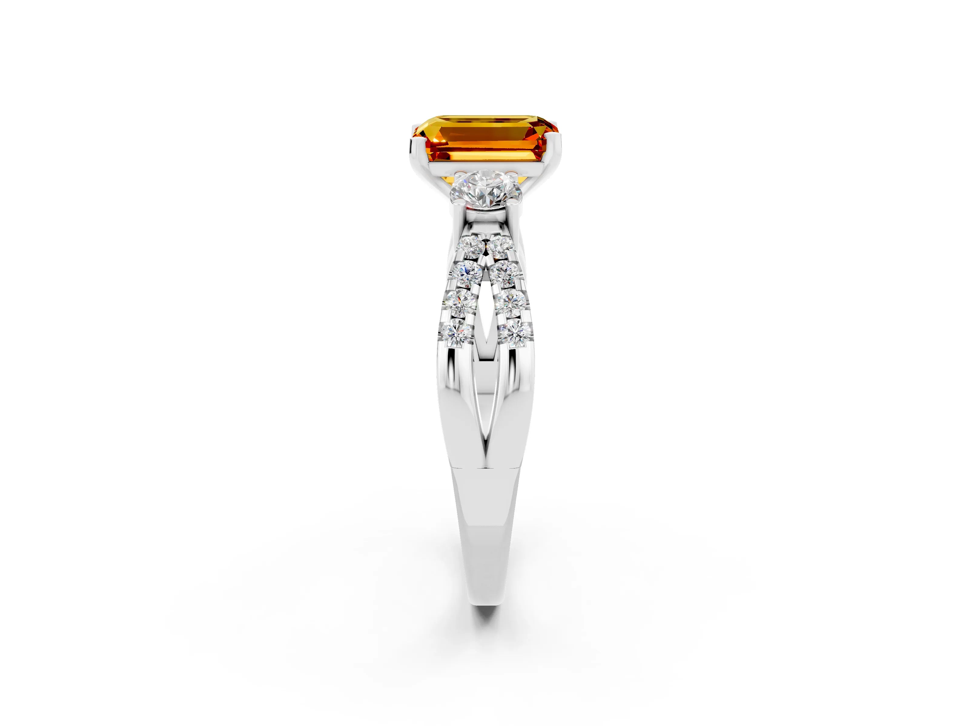 White gold Emerald Cut Citrine Three-Stone Ring with Pavé Split Shank and Four-Prong Setting_2