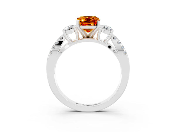 Platinum Emerald Cut Citrine Three-Stone Ring with Pavé Split Shank and Four-Prong Setting