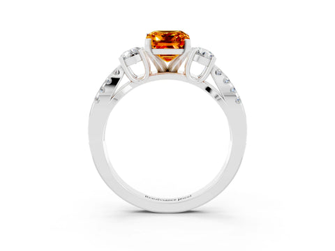 White gold Emerald Cut Citrine Three-Stone Ring with Pavé Split Shank and Four-Prong Setting_3