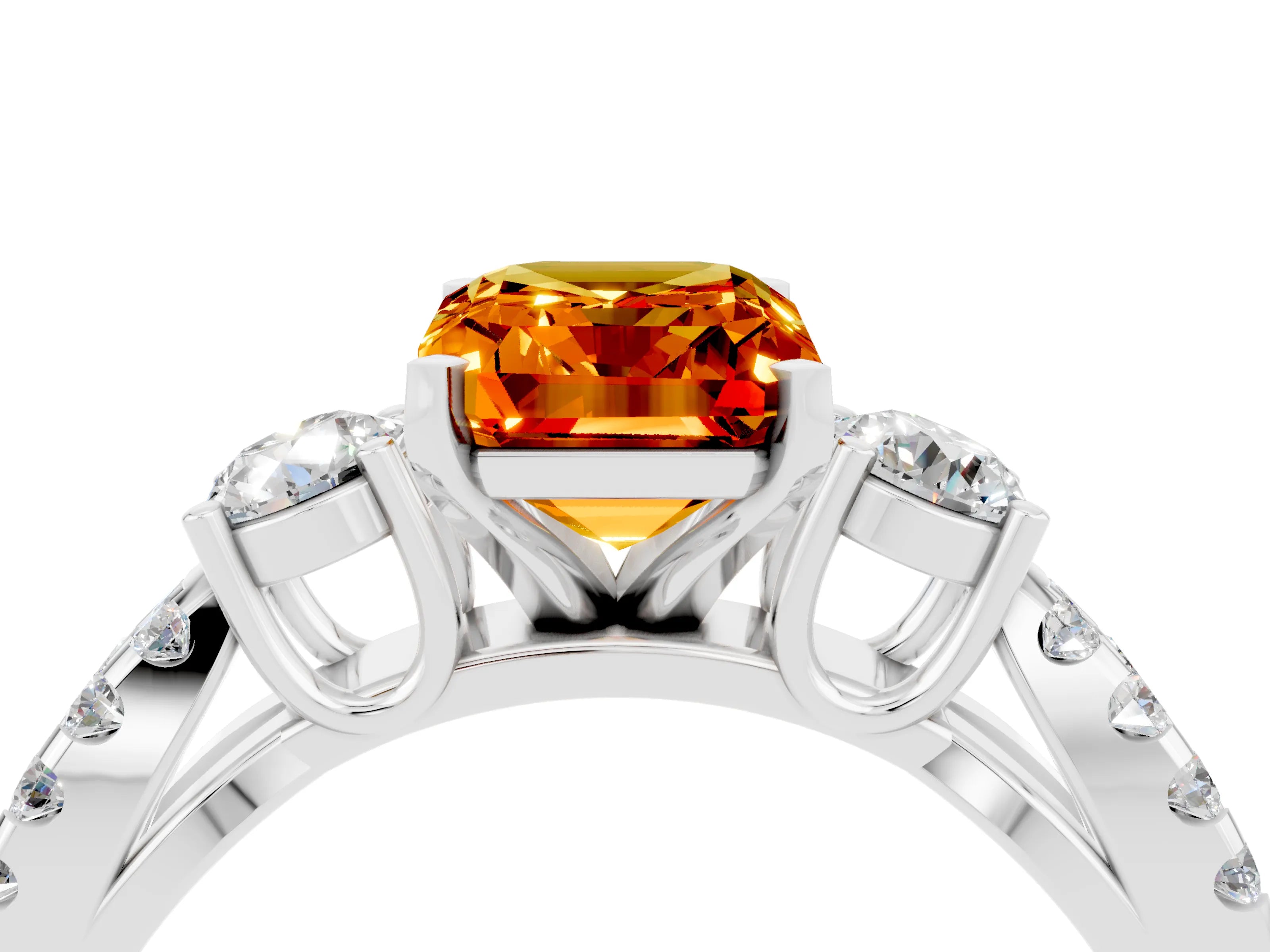White gold Emerald Cut Citrine Three-Stone Ring with Pavé Split Shank and Four-Prong Setting_4