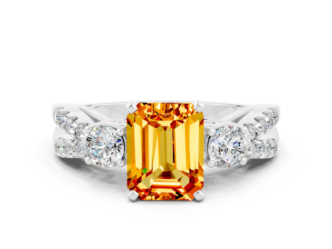 White gold Emerald Cut Citrine Three-Stone Ring with Pavé Split Shank and Four-Prong Setting