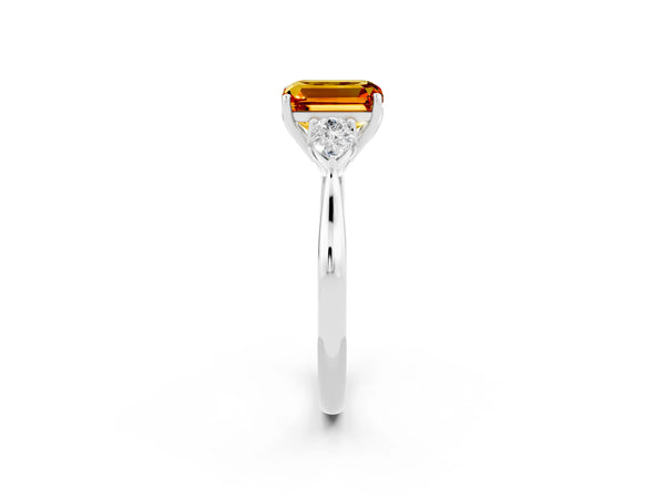 Silver Emerald Cut Citrine Three-Stone Ring with Pear  Side Stones and Prong Setting