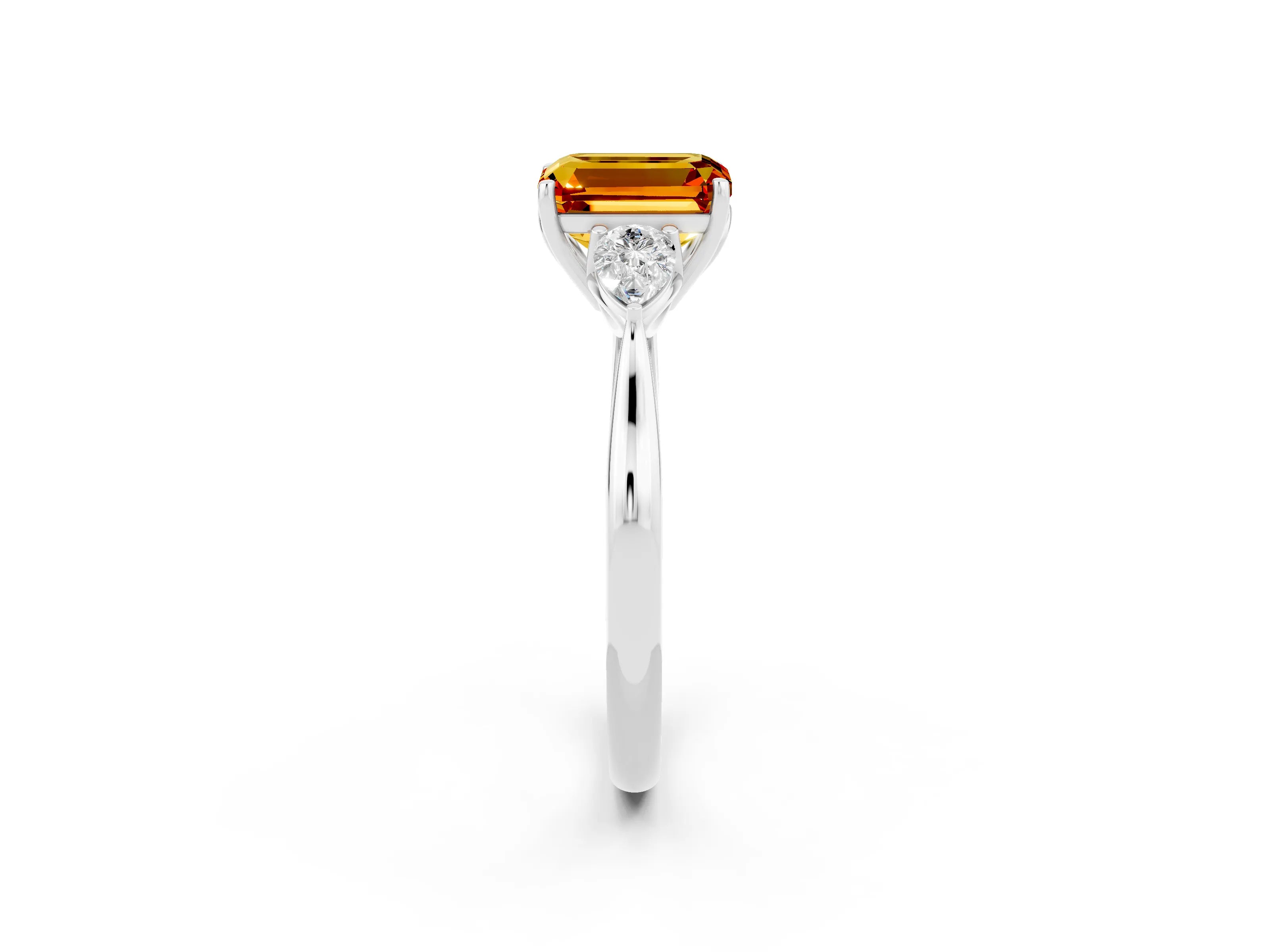 White gold Emerald Cut Citrine Three-Stone Ring with Pear Side Stones and Four-Prong Setting_32