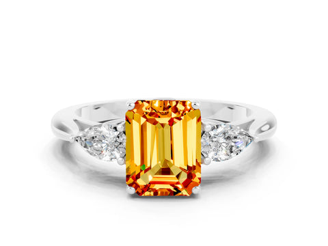 White gold Emerald Cut Citrine Three-Stone Ring with Pear Side Stones and Four-Prong Setting_35