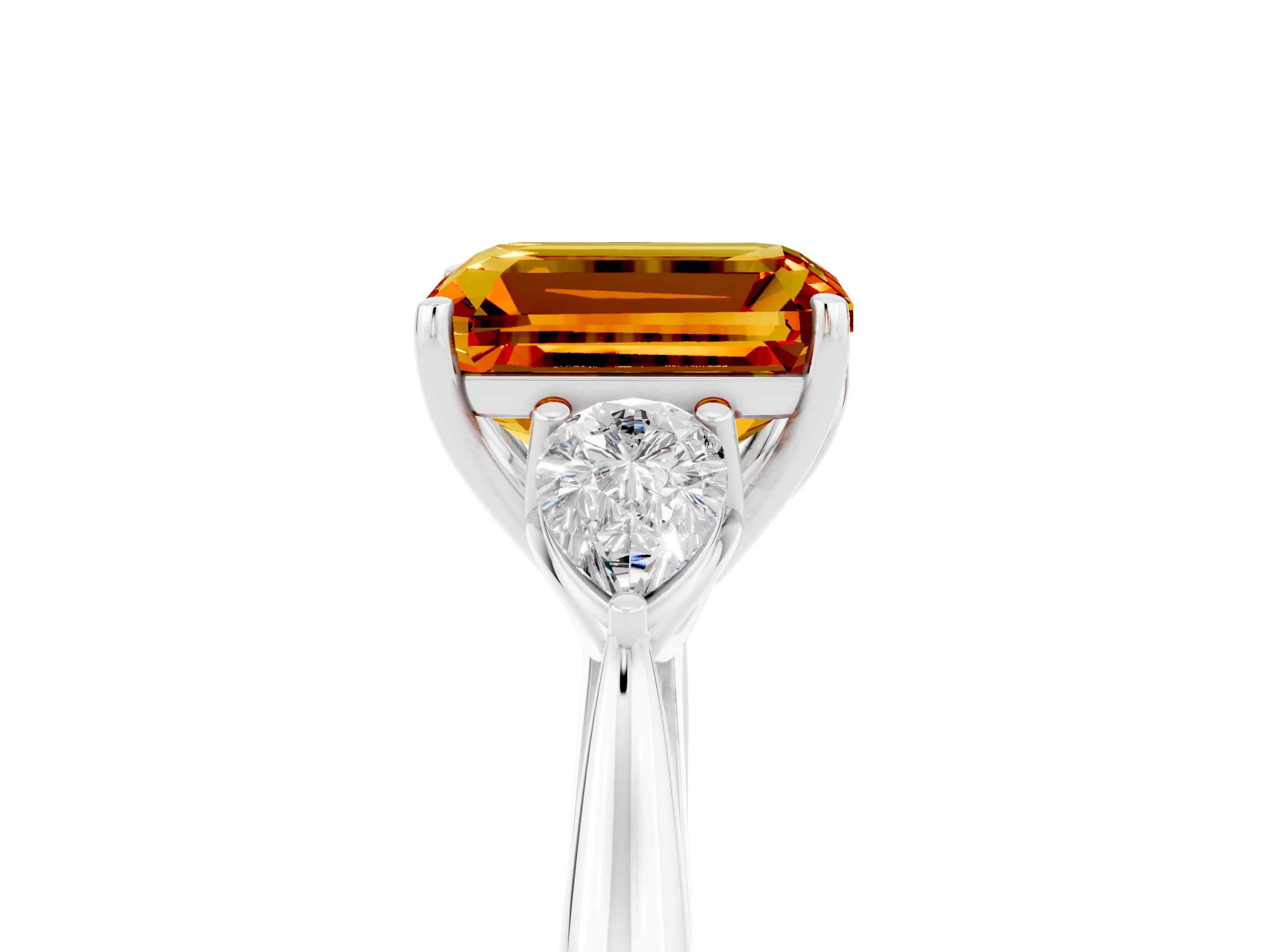 White gold Emerald Cut Citrine Three-Stone Ring with Pear Side Stones and Four-Prong Setting_40