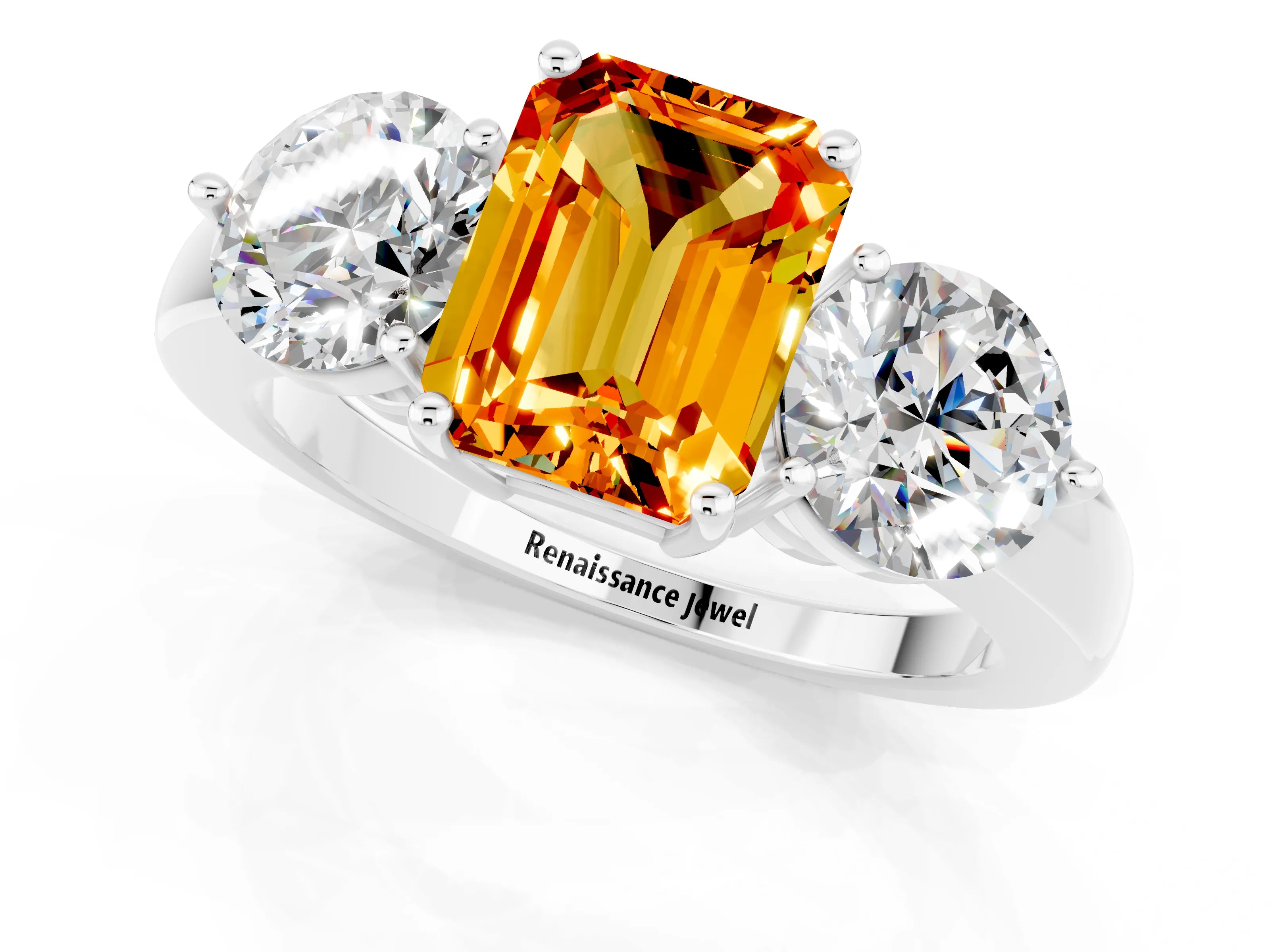 White gold Emerald Cut Citrine Three-Stone Ring with Prong Setting and Classic Band_1