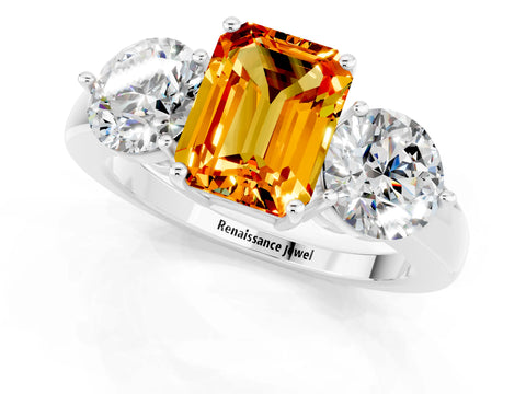 White gold Emerald Cut Citrine Three-Stone Ring with Prong Setting and Classic Band_1