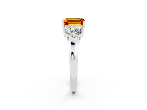White gold Emerald Cut Citrine Three-Stone Ring with Prong Setting and Classic Band_2