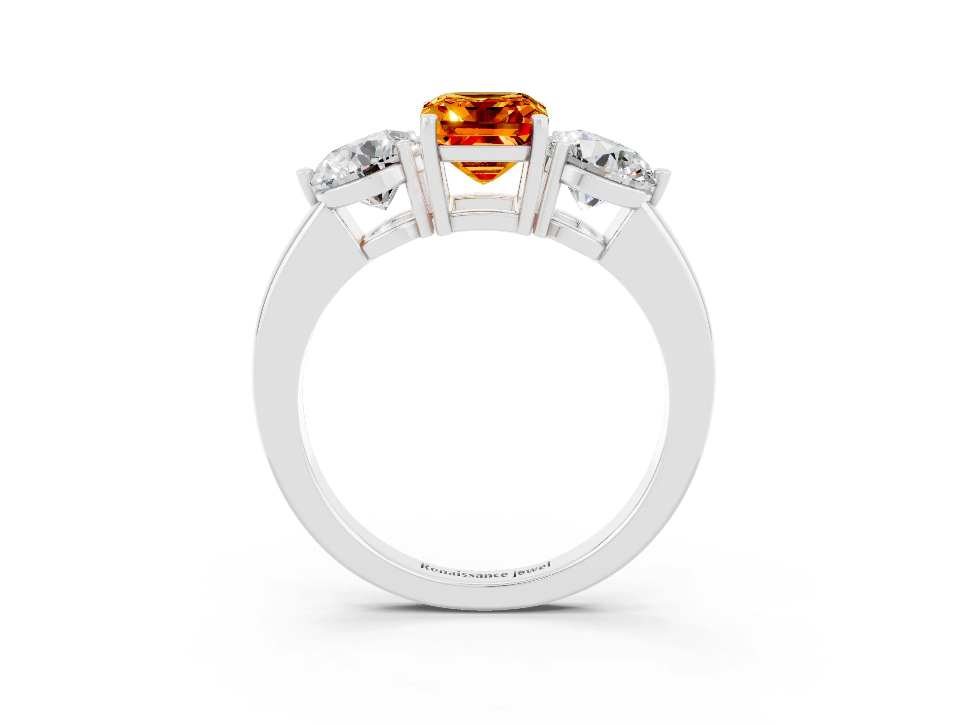 White gold Emerald Cut Citrine Three-Stone Ring with Prong Setting and Classic Band_3