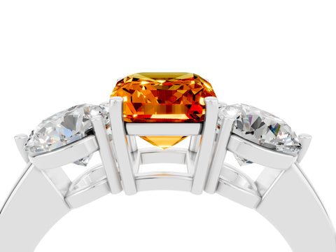 White gold Emerald Cut Citrine Three-Stone Ring with Prong Setting and Classic Band_4