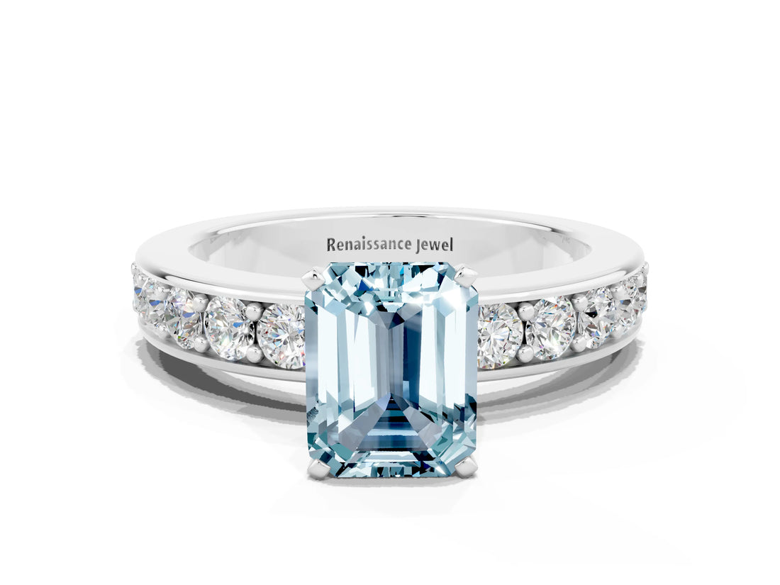 White gold Emerald Cut Cut Channel Set Diamond Engagement Ring with Four-Prong Setting
