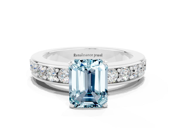 Silver Emerald Cut Aquamarine Engagement Ring with Channel Set Round  Band and Prong Setting